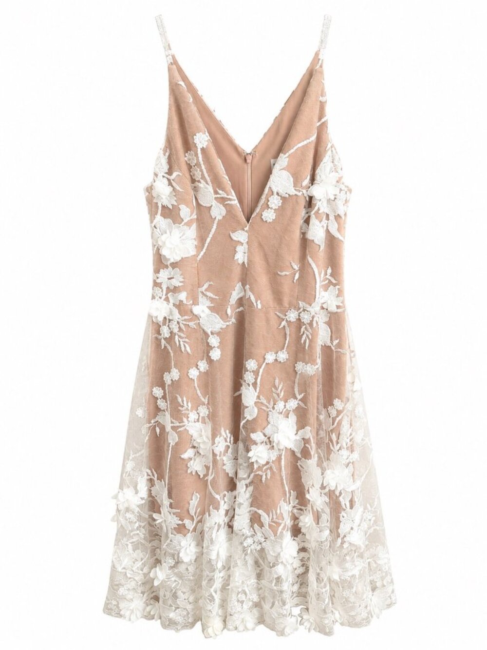 Dress The Population Audrey Embroidered Lace Midi Dress XL Off White/Nude V-Neck